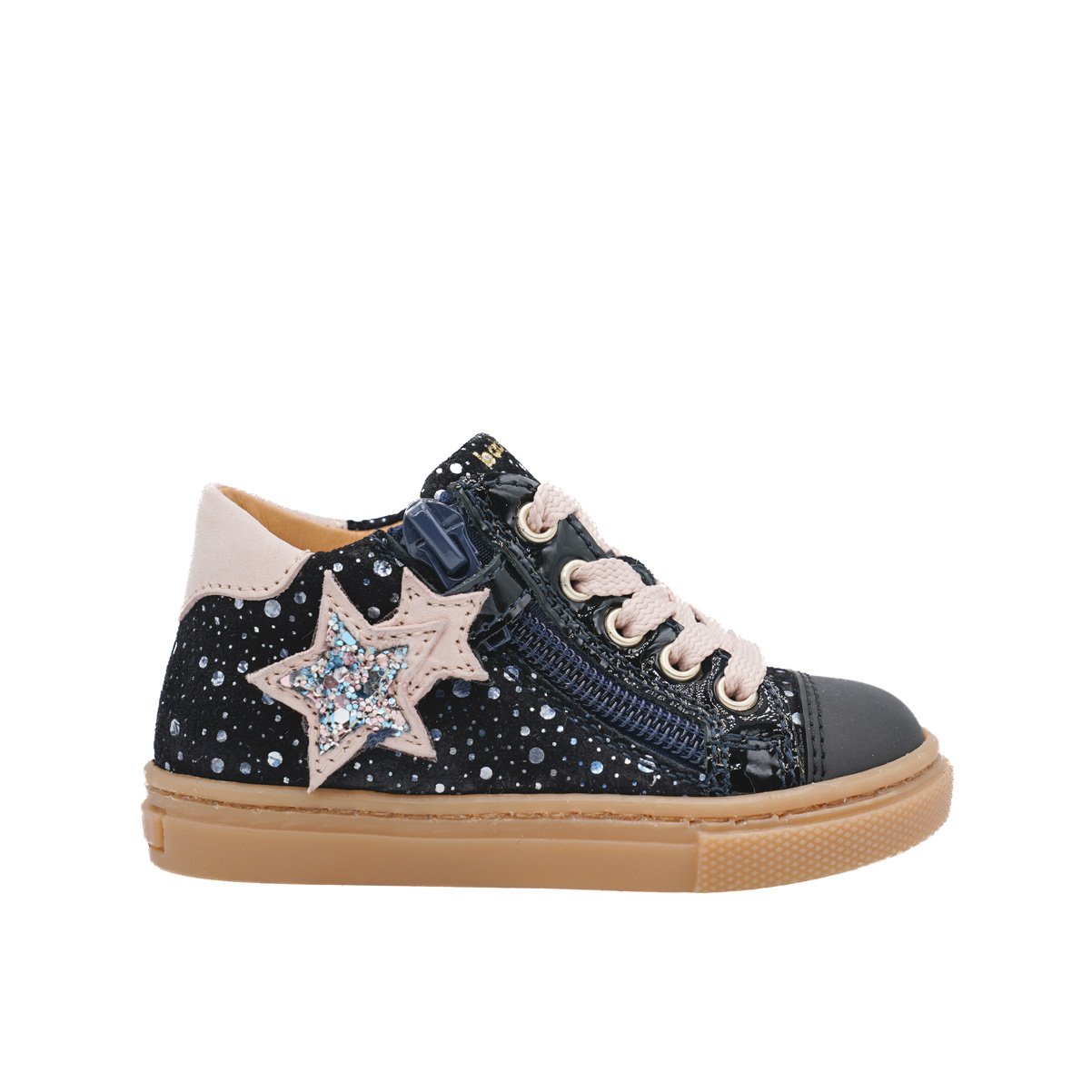 babybotte-annie-chaussure-premiers-pas-fille-lacets-zip-cuir-noir-imprim image 1