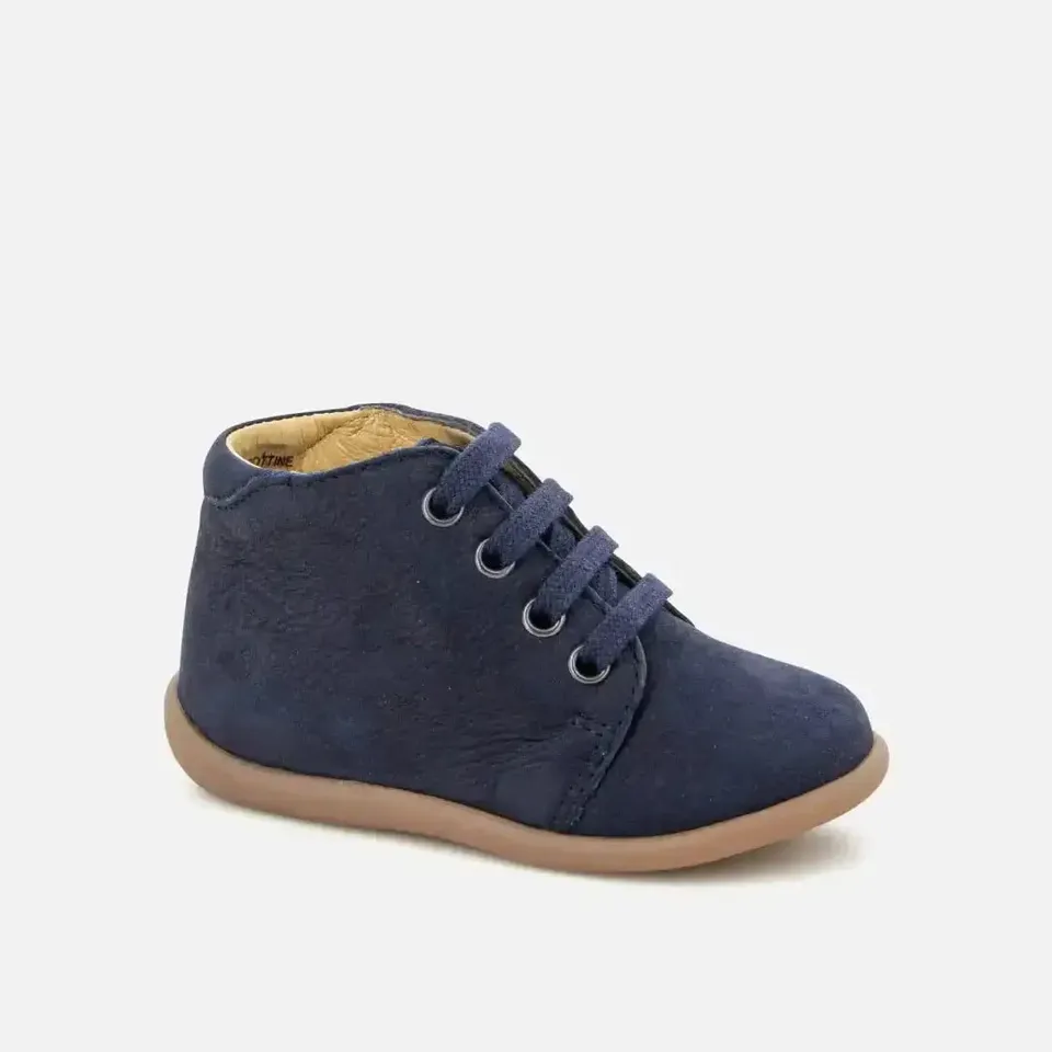 pom-d-api-stand-up-bottine-premiers-pas-lacets-bleu-marine-velours image 1