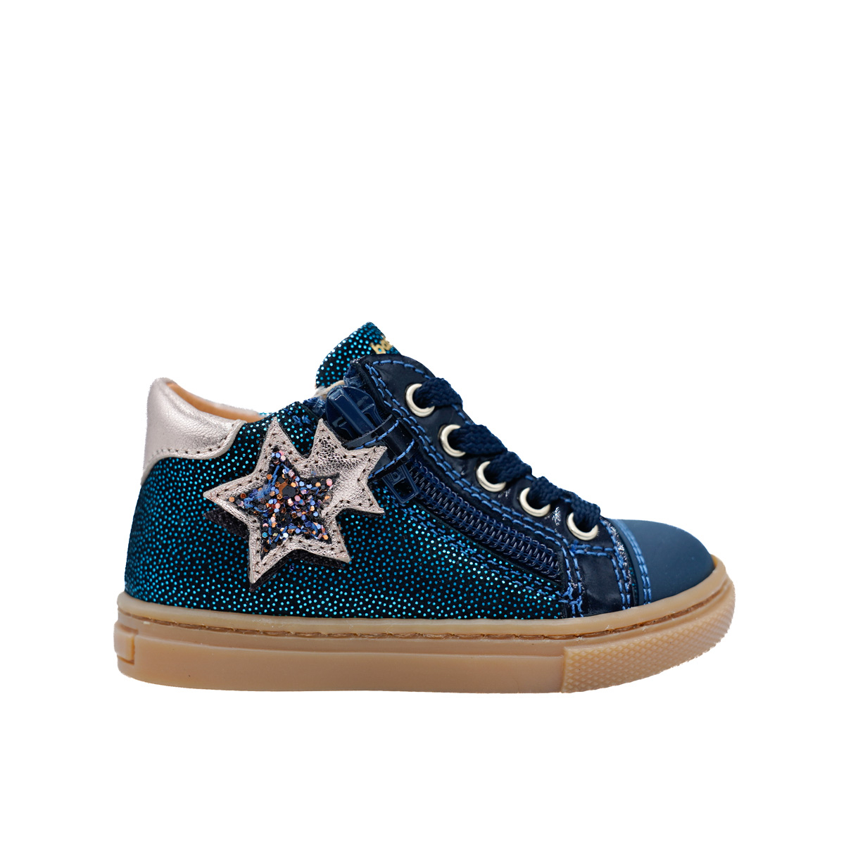 babybotte-annie-bleu-chaussure-premiers-pas-fille-cuir-imprim-lacets image 1